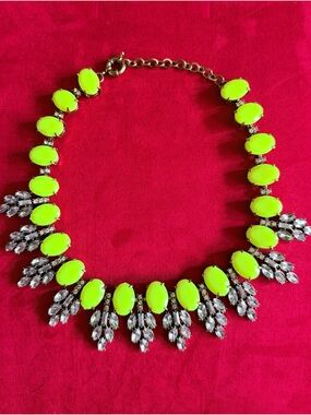 Neon Lime Green Gem Bib Necklace with Clear Crystals